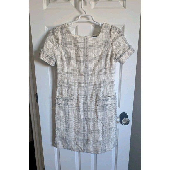 Brooks Brothers Dresses & Skirts - Brooks Brothers Sz Dress Women White Cream Gray Tweed Plaid Shift Midi Lined
